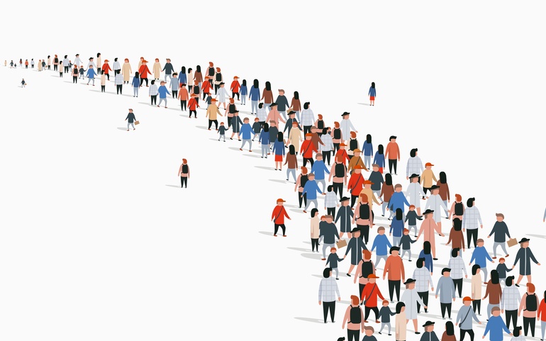 Menneskemengde på vei, tegning, illustrasjon