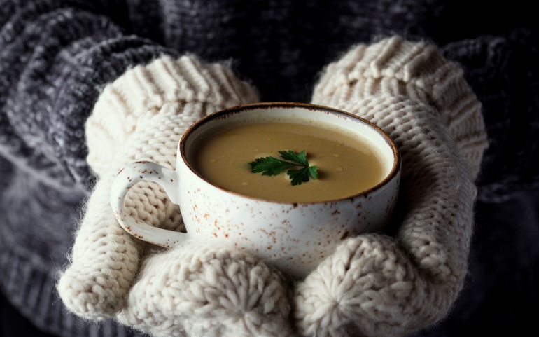 Suppe, varm, vinter, vott, hender holder om, takknemlighet